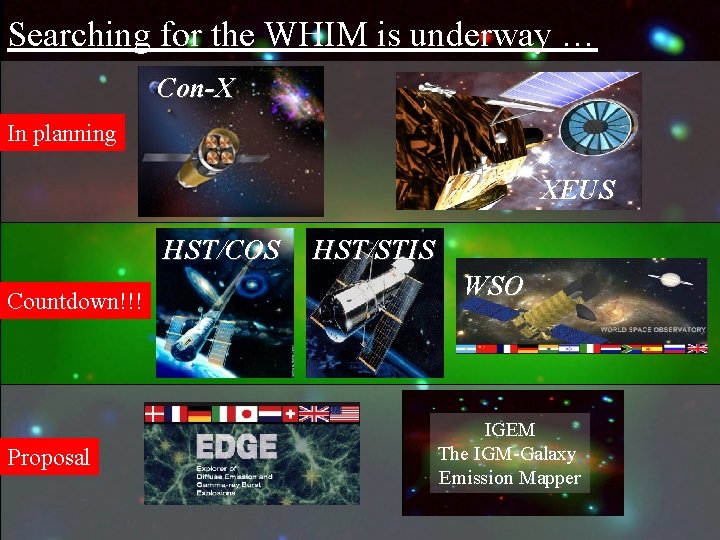 Searching for the WHIM is underway … Con-X In planning XEUS HST/COS Countdown!!! Proposal