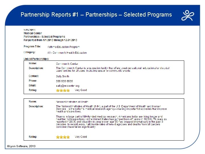 Partnership Reports #1 – Partnerships – Selected Programs ©Lyon Software, 2013 