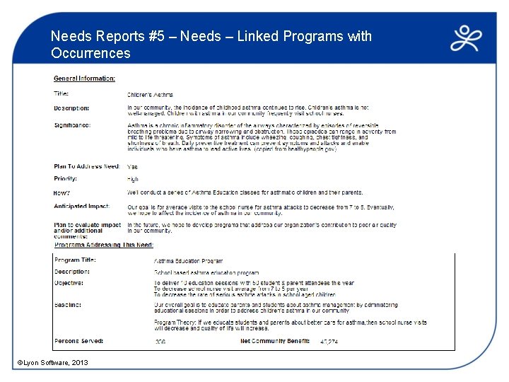 Needs Reports #5 – Needs – Linked Programs with Occurrences ©Lyon Software, 2013 