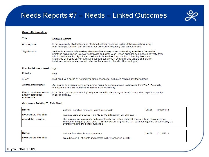 Needs Reports #7 – Needs – Linked Outcomes ©Lyon Software, 2013 