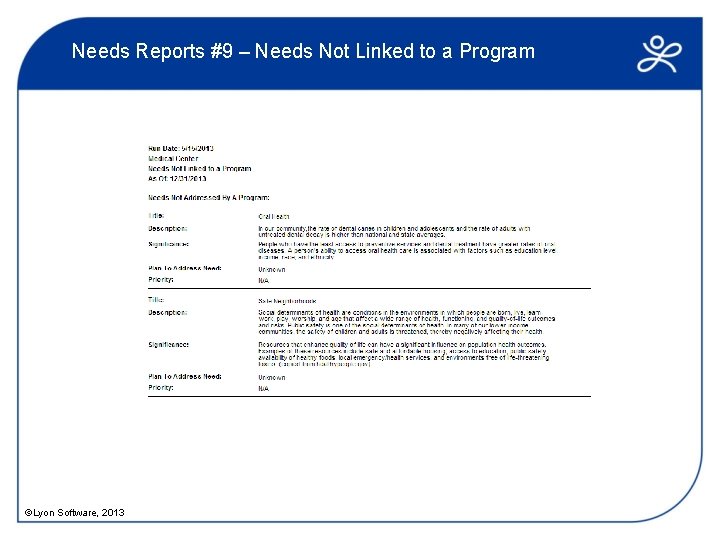 Needs Reports #9 – Needs Not Linked to a Program ©Lyon Software, 2013 