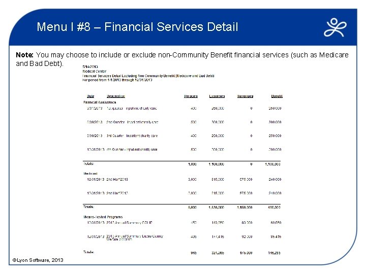 Menu I #8 – Financial Services Detail Note: You may choose to include or