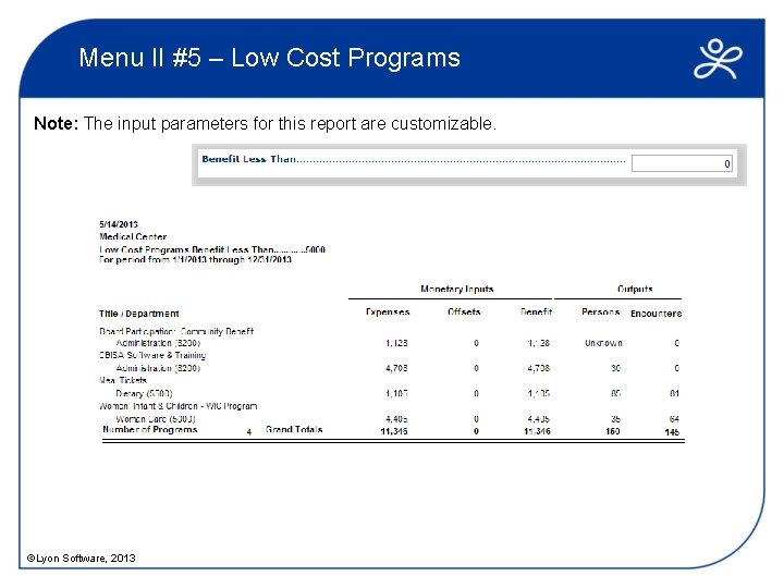 Menu II #5 – Low Cost Programs Note: The input parameters for this report