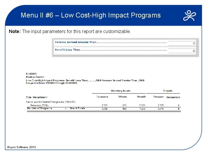 Menu II #6 – Low Cost-High Impact Programs Note: The input parameters for this