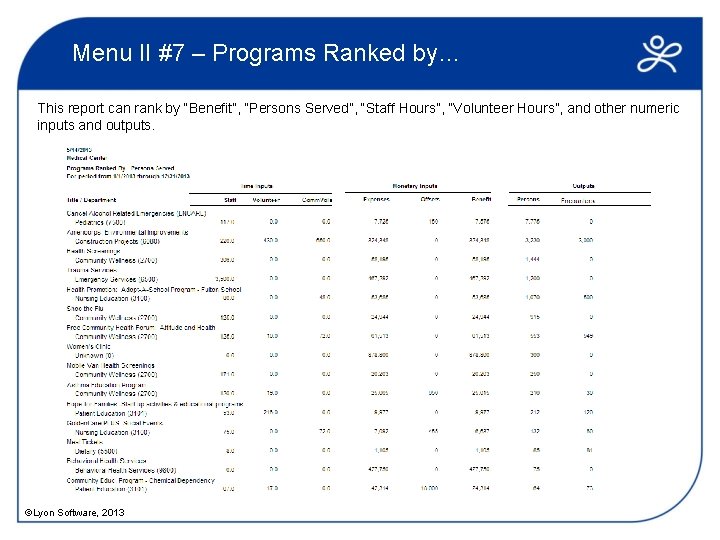 Menu II #7 – Programs Ranked by… This report can rank by “Benefit”, “Persons