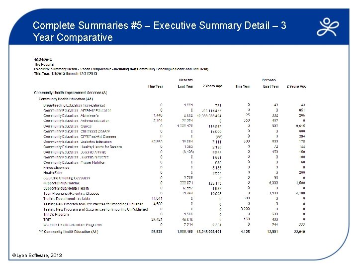 Complete Summaries #5 – Executive Summary Detail – 3 Year Comparative ©Lyon Software, 2013