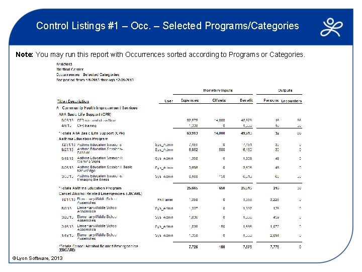 Control Listings #1 – Occ. – Selected Programs/Categories Note: You may run this report