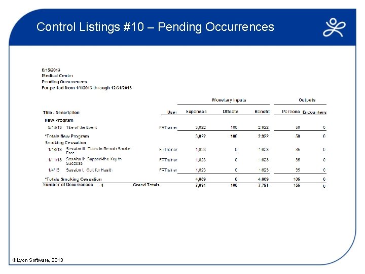 Control Listings #10 – Pending Occurrences ©Lyon Software, 2013 