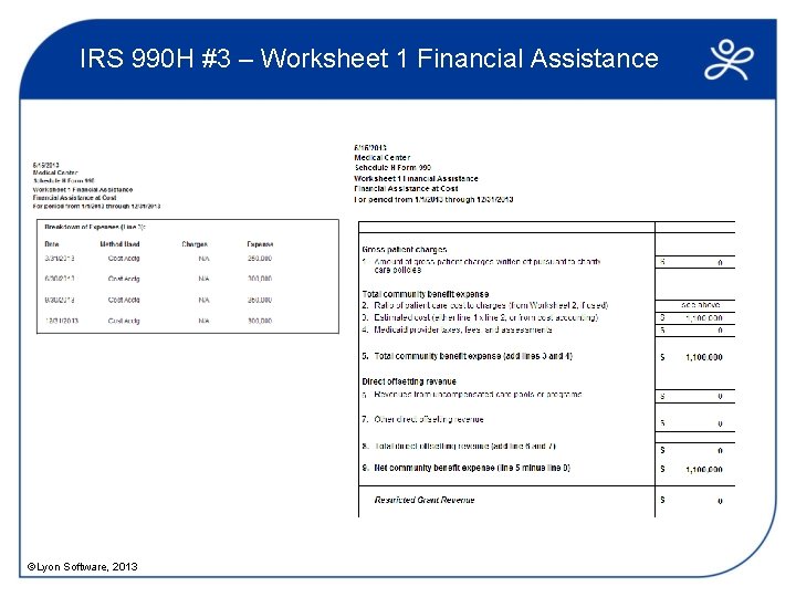 IRS 990 H #3 – Worksheet 1 Financial Assistance ©Lyon Software, 2013 