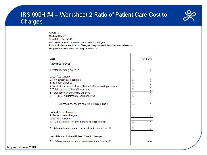 IRS 990 H #4 – Worksheet 2 Ratio of Patient Care Cost to Charges