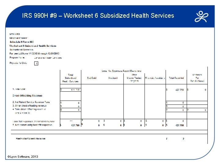 IRS 990 H #9 – Worksheet 6 Subsidized Health Services ©Lyon Software, 2013 