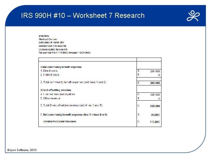 IRS 990 H #10 – Worksheet 7 Research ©Lyon Software, 2013 