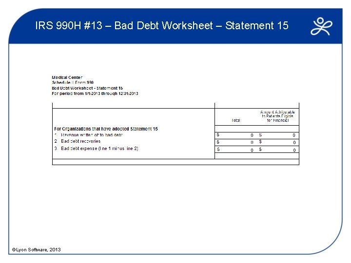 IRS 990 H #13 – Bad Debt Worksheet – Statement 15 ©Lyon Software, 2013