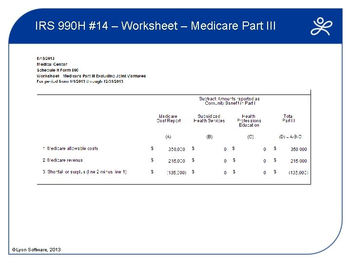 IRS 990 H #14 – Worksheet – Medicare Part III ©Lyon Software, 2013 