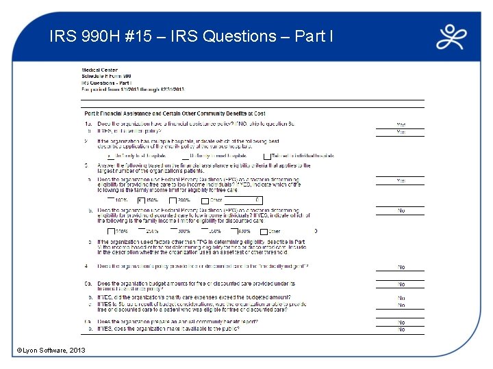 IRS 990 H #15 – IRS Questions – Part I ©Lyon Software, 2013 