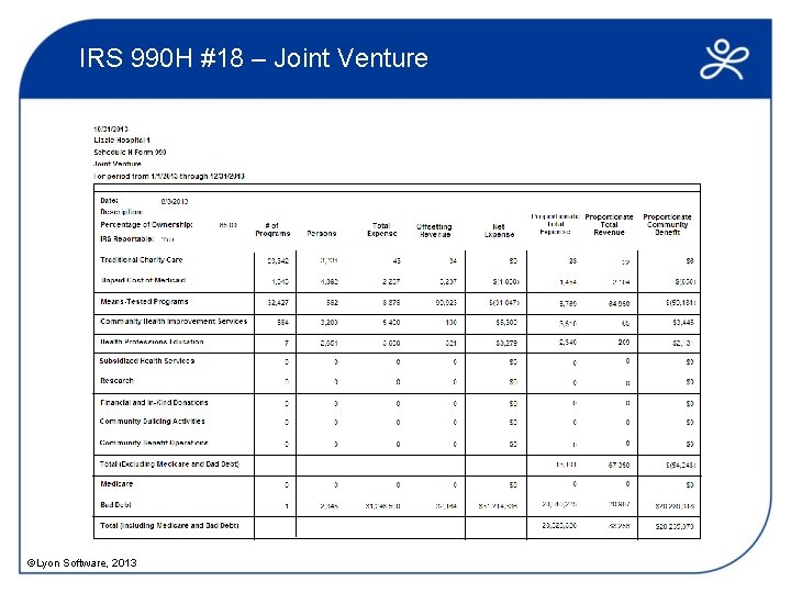 IRS 990 H #18 – Joint Venture ©Lyon Software, 2013 