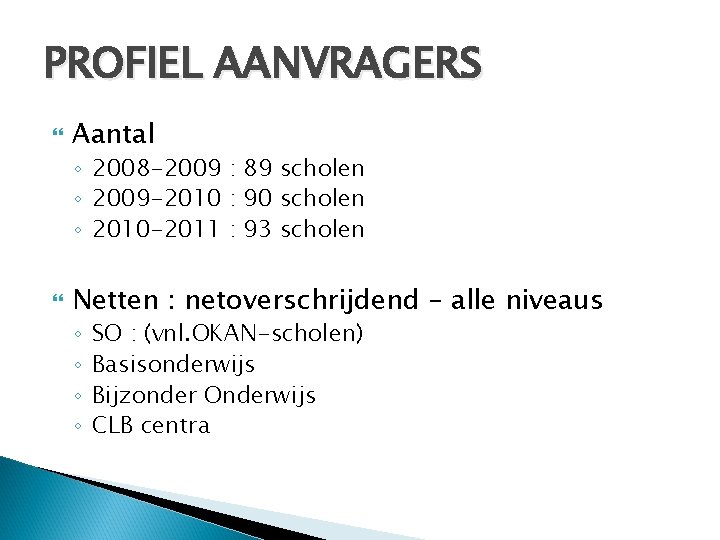 PROFIEL AANVRAGERS Aantal ◦ 2008 -2009 : 89 scholen ◦ 2009 -2010 : 90