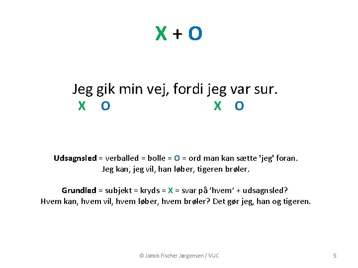 X+O Jeg gik min vej, fordi jeg var sur. X O Udsagnsled = verballed