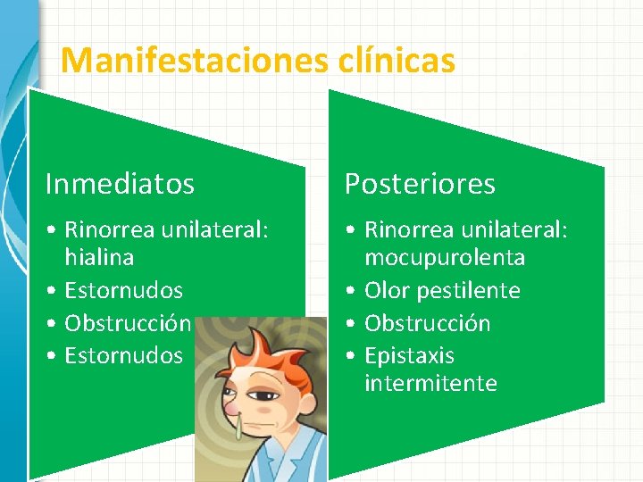 Manifestaciones clínicas Inmediatos Posteriores • Rinorrea unilateral: hialina • Estornudos • Obstrucción • Estornudos