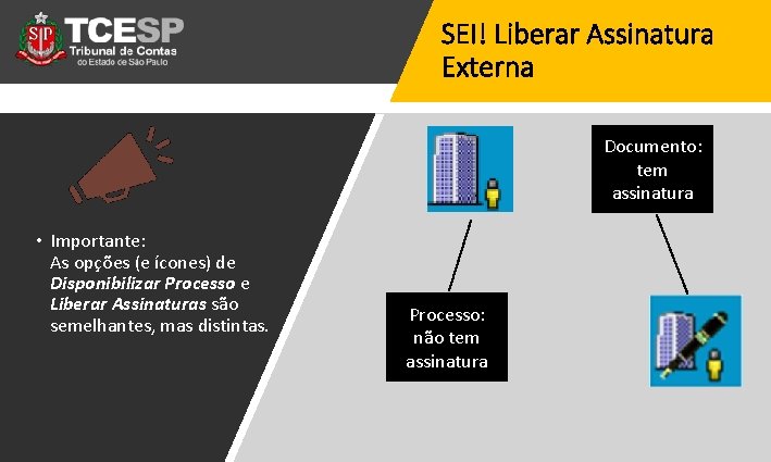 SEI! Liberar Assinatura Externa Documento: tem assinatura • Importante: As opções (e ícones) de