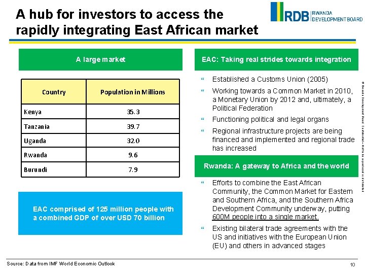 A hub for investors to access the rapidly integrating East African market A large