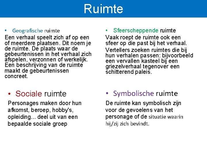 Ruimte • Geografische ruimte Een verhaal speelt zich af op een of meerdere plaatsen.