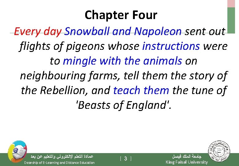 Chapter Four Every day Snowball and Napoleon sent out flights of pigeons whose instructions