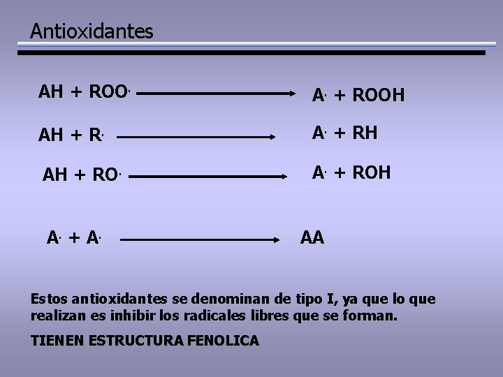 Antioxidantes AH + ROO. A. + ROOH AH + R. A. + RH AH