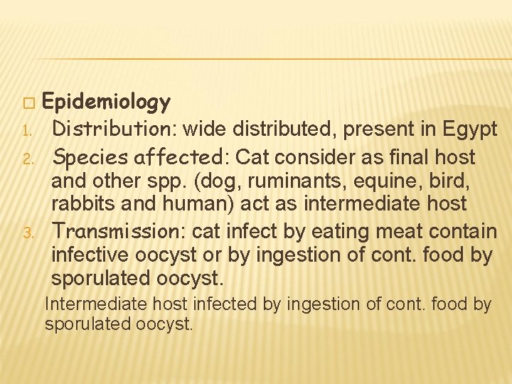 � Epidemiology 1. 2. 3. Distribution: wide distributed, present in Egypt Species affected: Cat