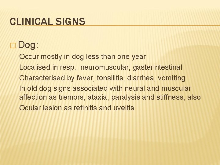 CLINICAL SIGNS � Dog: Occur mostly in dog less than one year Localised in