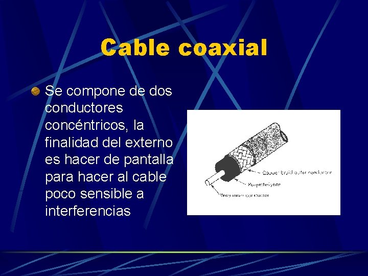 Cable coaxial Se compone de dos conductores concéntricos, la finalidad del externo es hacer