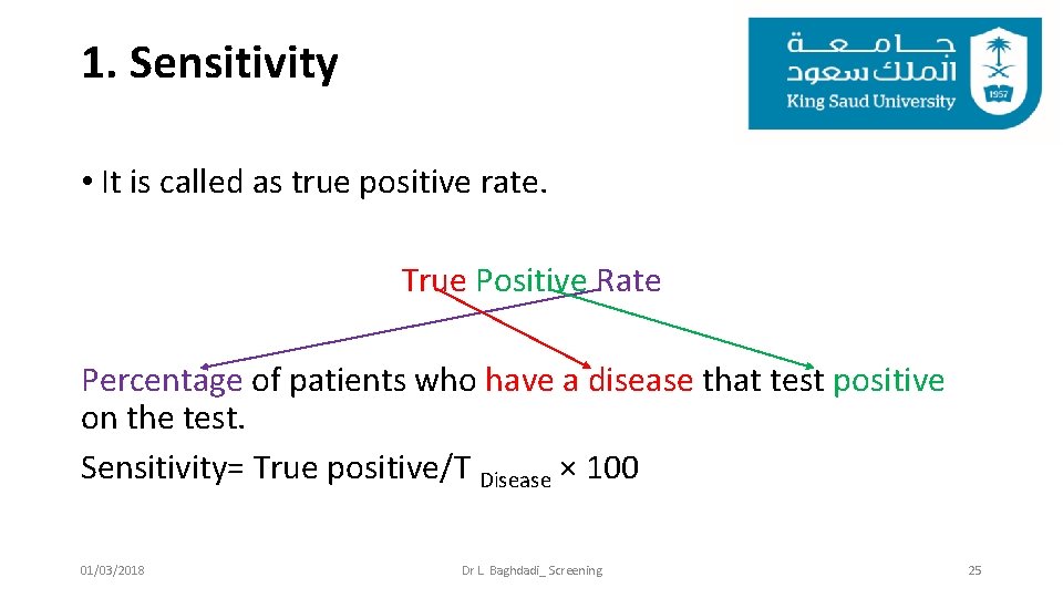 1. Sensitivity • It is called as true positive rate. True Positive Rate Percentage