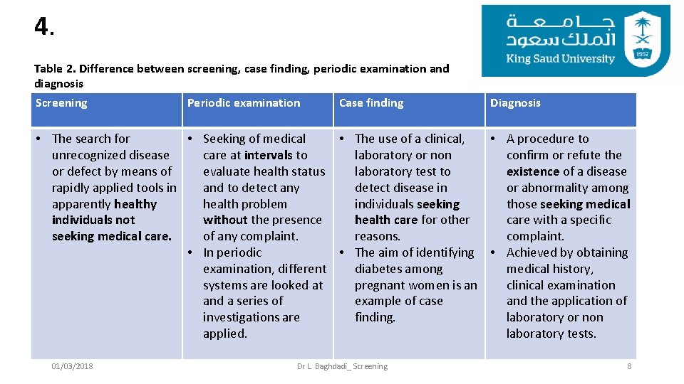 4. Table 2. Difference between screening, case finding, periodic examination and diagnosis Screening Periodic