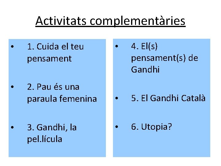 Activitats complementàries • 1. Cuida el teu pensament • 2. Pau és una paraula