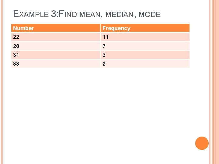 EXAMPLE 3: FIND MEAN, MEDIAN, MODE Number Frequency 22 11 28 7 31 9