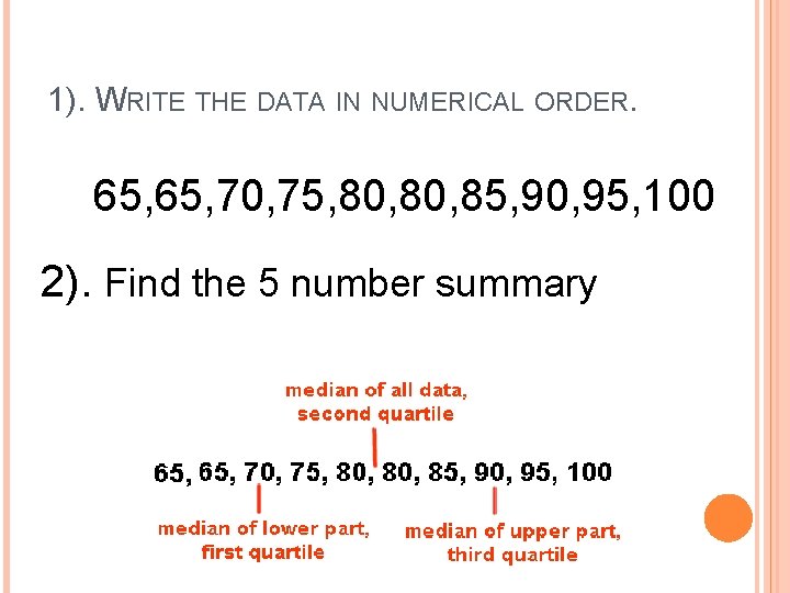 1). WRITE THE DATA IN NUMERICAL ORDER. 65, 70, 75, 80, 85, 90, 95,