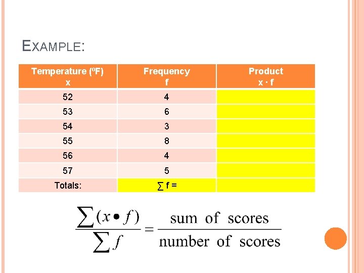 EXAMPLE: Temperature (⁰F) x Frequency f 52 4 53 6 54 3 55 8
