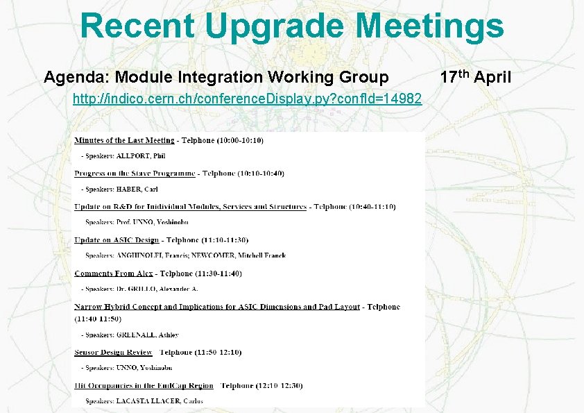 Recent Upgrade Meetings Agenda: Module Integration Working Group http: //indico. cern. ch/conference. Display. py?