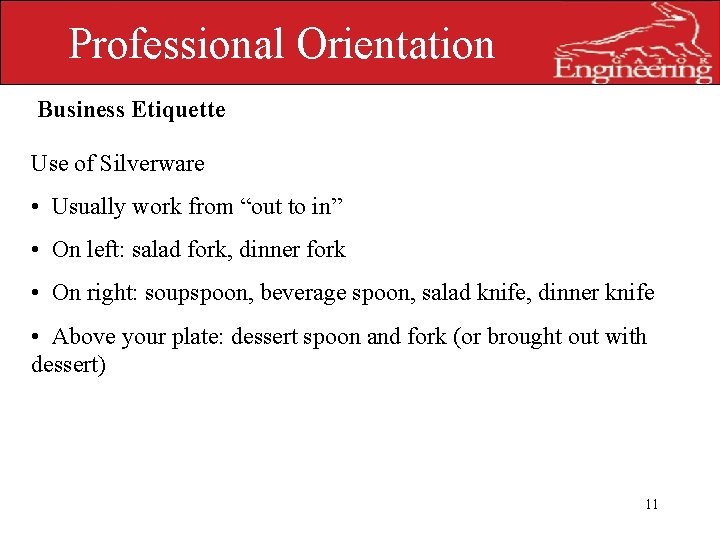 Professional Orientation Business Etiquette Use of Silverware UNIVERSITY OF • Usually work from “out