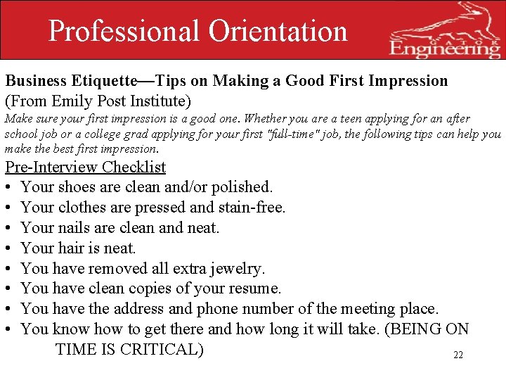 Professional Orientation Business Etiquette—Tips on Making a Good First Impression (From Emily Post Institute)