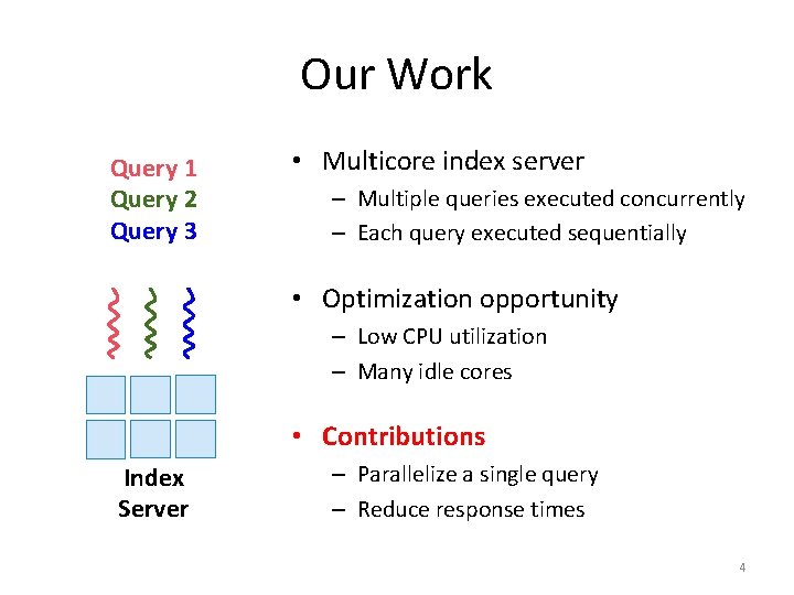 Our Work Query 1 Query 2 Query 3 • Multicore index server – Multiple