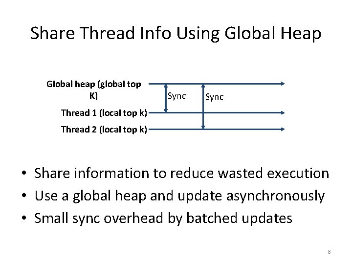 Share Thread Info Using Global Heap Global heap (global top K) Sync Thread 1