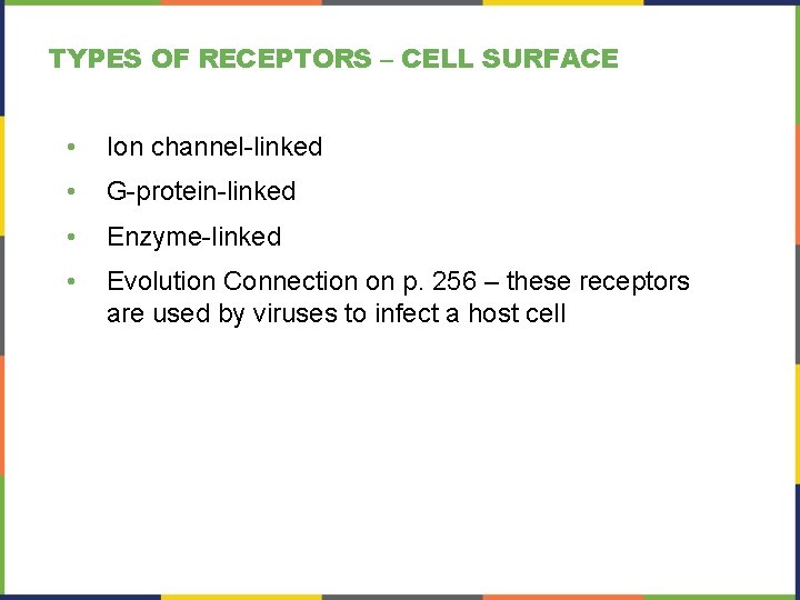 TYPES OF RECEPTORS – CELL SURFACE • Ion channel-linked • G-protein-linked • Enzyme-linked •