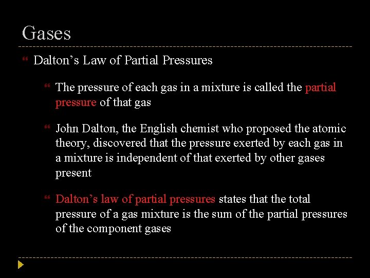 Gases Dalton’s Law of Partial Pressures The pressure of each gas in a mixture