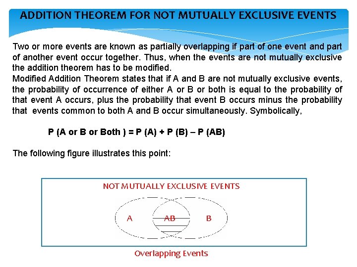ADDITION THEOREM FOR NOT MUTUALLY EXCLUSIVE EVENTS Two or more events are known as