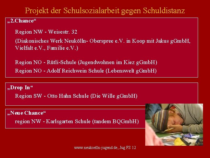 Projekt der Schulsozialarbeit gegen Schuldistanz „ 2. Chance“ Region NW - Weisestr. 32 (Diakonisches