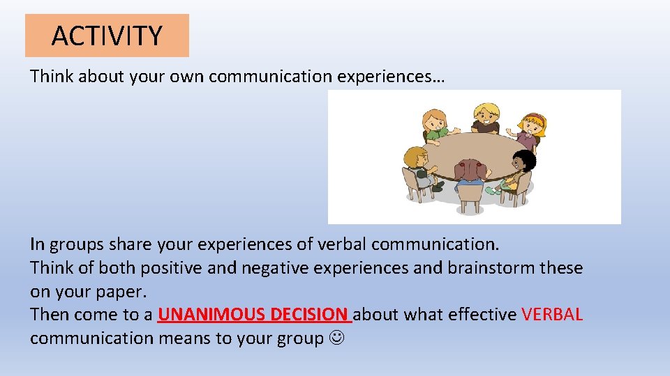 ACTIVITY Think about your own communication experiences… In groups share your experiences of verbal