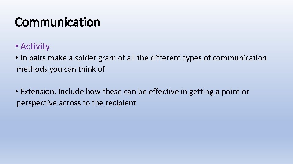 Communication • Activity • In pairs make a spider gram of all the different