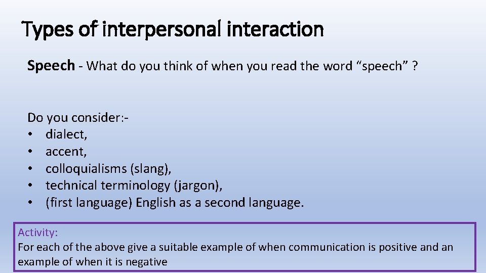 Types of interpersonal interaction Speech - What do you think of when you read
