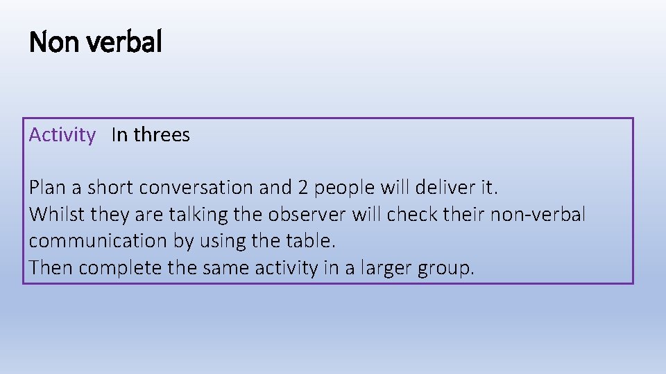 Non verbal Activity In threes Plan a short conversation and 2 people will deliver